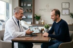 Saç ekim garantisi ve tedavi planı detaylarını, modern klinikte uzman doktor hastasına tablet üzerinden güler yüzle açıklıyor.