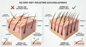 Saç ekimi sonrası saçların yönü için kanal açısının saç yönü üzerindeki etkisini gösteren 3D medikal görsel.