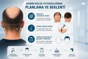 Donör Bölge Yetersizliğinde Planlama ve Beklenti: Donör kapasitesi sınırlı bir hastada, gerçekçi yoğunluk hedefi, doğru teknik seçimi ve planlama sürecini anlatan modern saç ekimi infografiği.