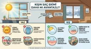 Yaz ve kış aylarında saç ekimi iyileşme sürecini karşılaştıran; güneş ışınları, terleme seviyesi, enfeksiyon riski ve sosyal hayat faktörlerini ikonlar ve Türkçe açıklamalarla sunan mevsimsel saç ekimi karşılaştırma tablosu infografiği.