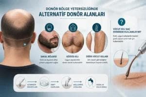 Donör Bölge Yetersizliği: Ense donör alanının yetersiz olduğu bir hastada, sakal ve vücut kıllarının alternatif donör kaynakları olarak gösterildiği modern saç ekimi infografiği.