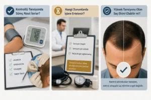 Tansiyon hastalarında saç ekimi sürecini anlatan üç bölümlü görsel. Tansiyon kontrolü, doktor değerlendirmesi ve kontrol altında olan hipertansiyon hastalarında güvenli saç ekimi planlamasını simgeleyen tıbbi illüstrasyonlar yer alıyor.