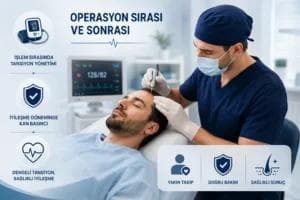 Tansiyon hastalarında saç ekimi sırasında ve sonrasında kan basıncının takip edilmesini, operasyon sürecini ve güvenli iyileşme dönemini anlatan bilgilendirici görsel.
