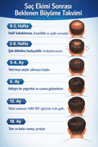 “Saç ekimi sonrası beklenen büyüme takvimi: 0-2 hafta kabuklanma, 2-8 hafta şok dökülme, 3-4 ay yeni saç çıkışı, 6 ay yoğunluk artışı, 12 ay sonuçların %80-90’ı, 18 ay tam ve kalıcı sonuç.”
