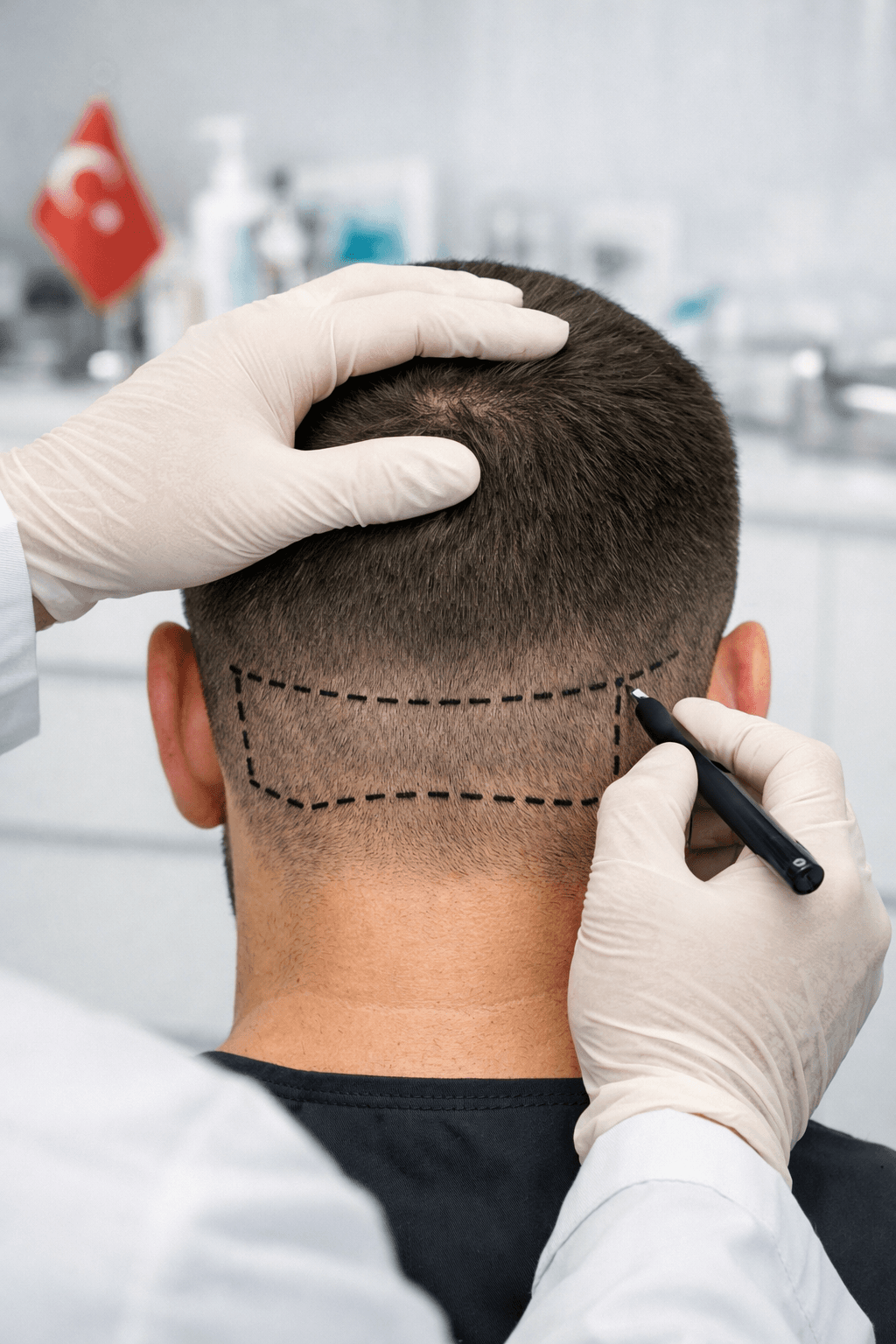 "Saç ekiminde donör bölgenin ense kısmında işaretlenmesi"